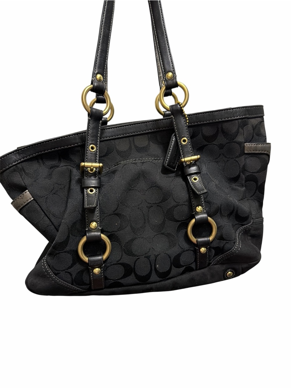 Coach Black Signature Jacquard Shoulder Bag with Brass Rings